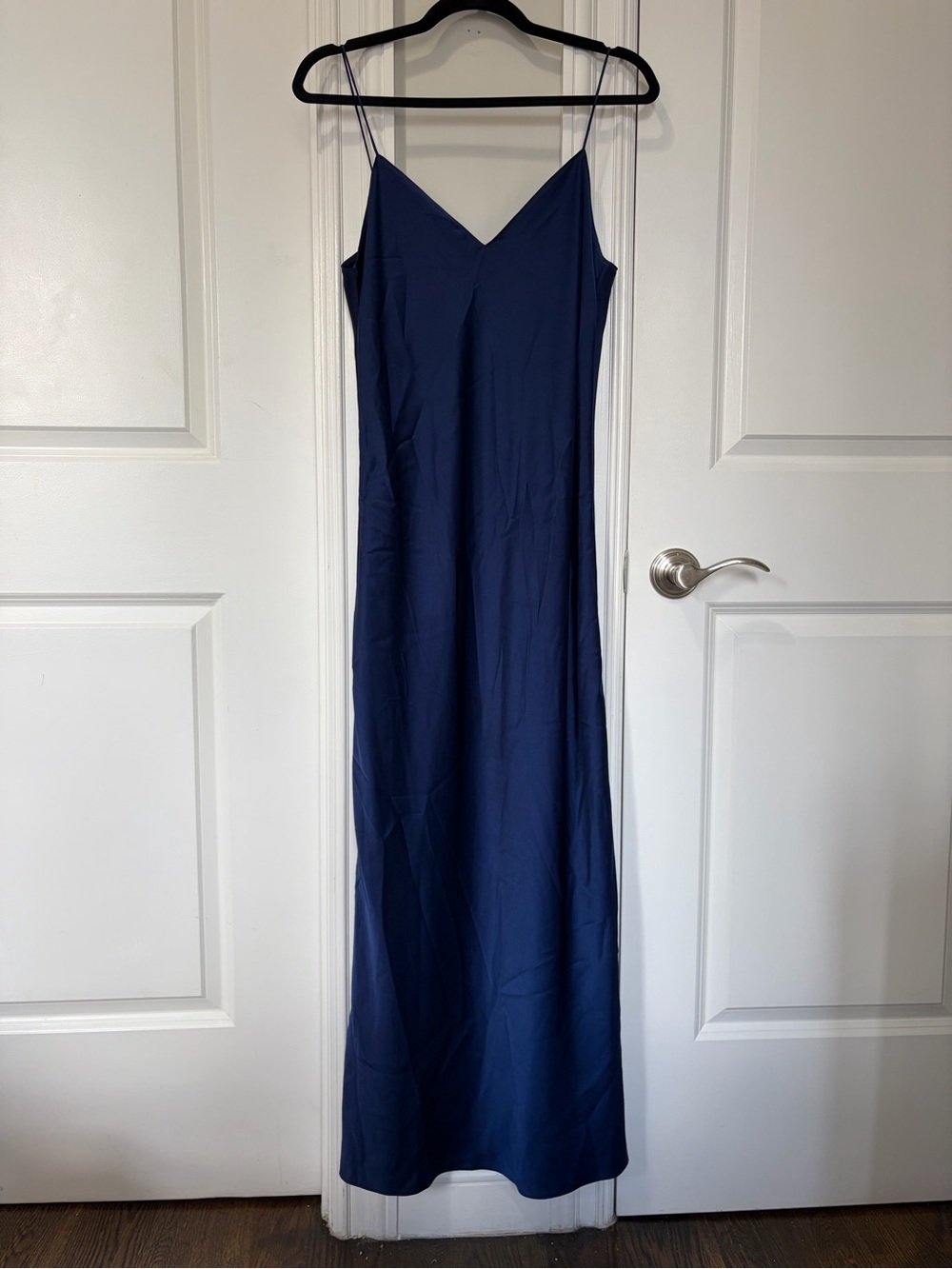 LIKE NEW “Theory” Navy Blue Satin V-Neck Maxi Dress